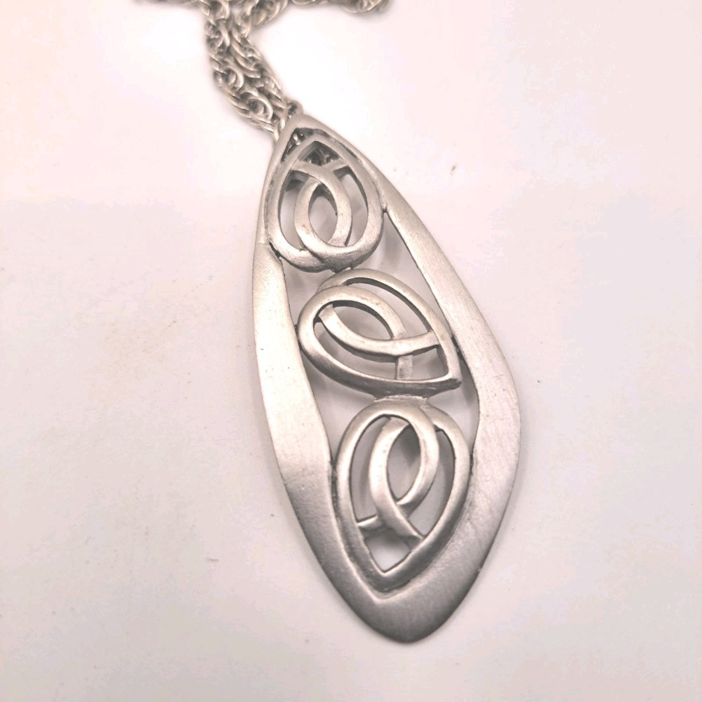 Vintage Kelly Waters MCM Silver Tone Brutalist Open Work Pendant Long Necklace